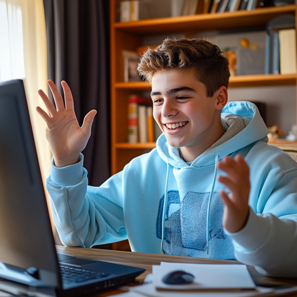 high school boy taking live online class